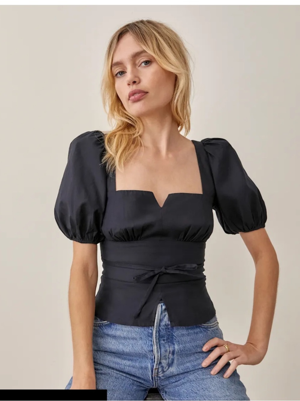 Reformation Fiske Black Ruched Puff Top Sz 4
